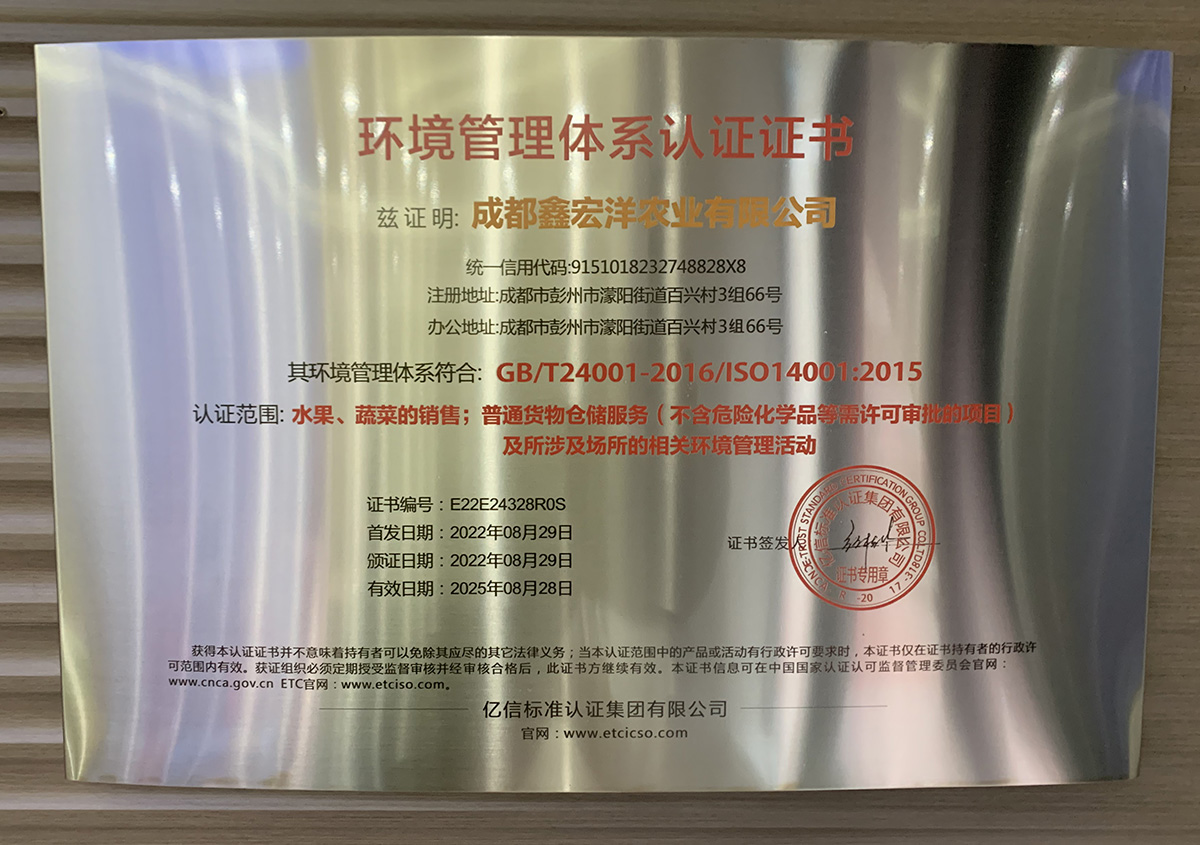 环境管理体系认证证书
